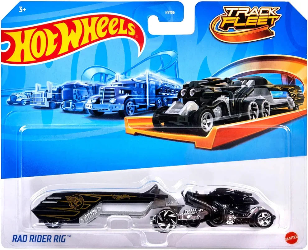 Hot Wheels Track Fleet rad rider rig, 1:64 Scale Die-Cast Toy Vehicle, Combined Cab & Trailer That Works on Tracks