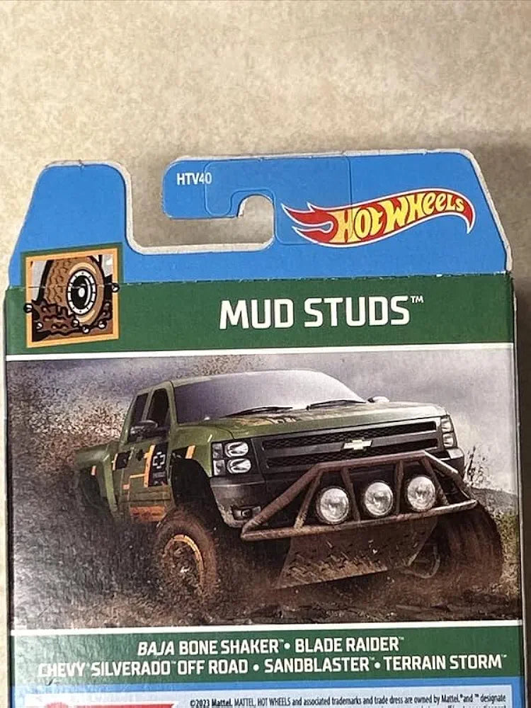 Hot Wheels Cars 2024 Mud Studs Pack of 5 (Baja Bone Shaker, Blade Raider, Chevy Silverado Off Road, Sandblaster, Terrain Storm) Multi-Color