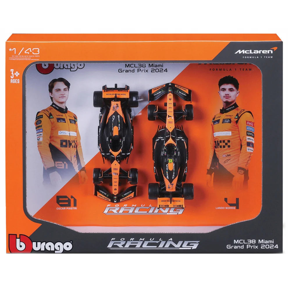 Bburago 2024 McLaren MCL38 Formula F1 Racing Team Set of 2 Cars 1:43 Die Cast Scale Miniature Model Cars, with Photo Frame Packaging