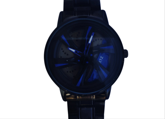Men's Car Wheel Watch with Blue Spinning Car Rim Hub Design|| Analog Stainless Steel || Quartz Movement|| Water Resistant, Scratch Resistant