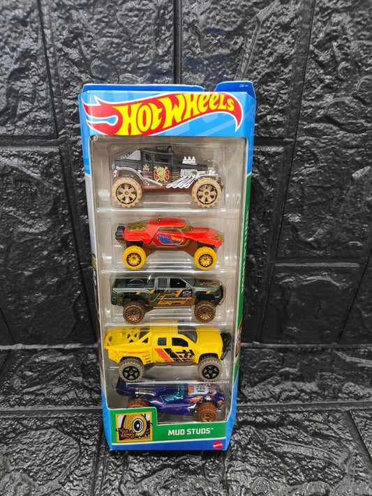 Hot Wheels Cars 2024 Mud Studs Pack of 5 (Baja Bone Shaker, Blade Raider, Chevy Silverado Off Road, Sandblaster, Terrain Storm) Multi-Color