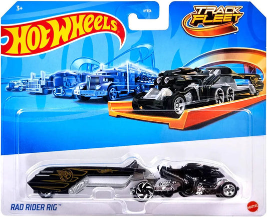 Hot Wheels Track Fleet rad rider rig, 1:64 Scale Die-Cast Toy Vehicle, Combined Cab & Trailer That Works on Tracks