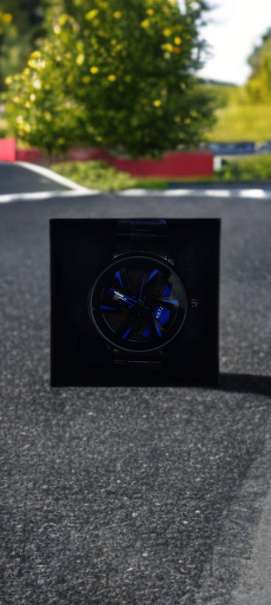 Men's Car Wheel Watch with Blue Spinning Car Rim Hub Design|| Analog Stainless Steel || Quartz Movement|| Water Resistant, Scratch Resistant