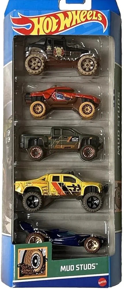 Hot Wheels Cars 2024 Mud Studs Pack of 5 (Baja Bone Shaker, Blade Raider, Chevy Silverado Off Road, Sandblaster, Terrain Storm) Multi-Color