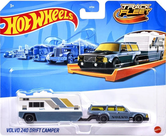 Hot Wheels Track Fleet, 1:64 Volvo 240 Drift Camper Die-Cast Toy Vehicle, Combined Cab and Trailer That Works on Tracks for Ages 3 and Up, Gray