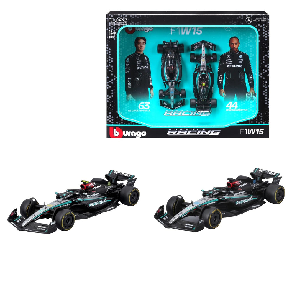 Bburago 2024 Mercedes-AMG F1 Racing Team W15 Set of 2 Cars 1:43 Formula 1 Die Cast Scale Miniature Model Cars, with Photo Frame Packaging
