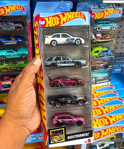 Hot Wheels Nightburnerz Diecast Cars, 5-Pack Collection, 1:64 Scale, Sierra, Maxima, Supra, Veloce, WRX