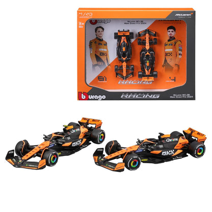 Bburago 2024 McLaren MCL38 Formula F1 Racing Team Set of 2 Cars 1:43 Die Cast Scale Miniature Model Cars, with Photo Frame Packaging