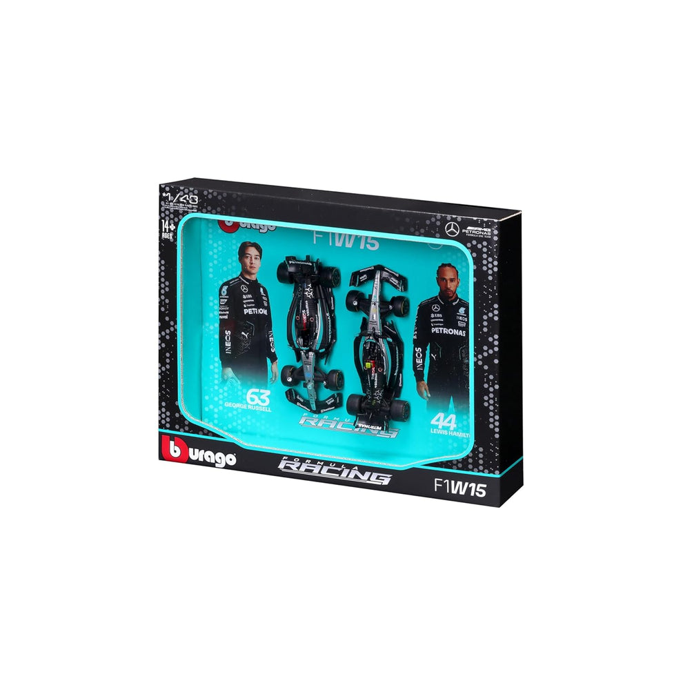 Bburago 2024 Mercedes-AMG F1 Racing Team W15 Set of 2 Cars 1:43 Formula 1 Die Cast Scale Miniature Model Cars, with Photo Frame Packaging