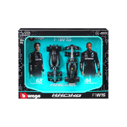 Bburago 2024 Mercedes-AMG F1 Racing Team W15 Set of 2 Cars 1:43 Formula 1 Die Cast Scale Miniature Model Cars, with Photo Frame Packaging