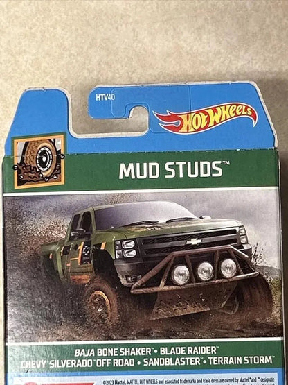 Hot Wheels Cars 2024 Mud Studs Pack of 5 (Baja Bone Shaker, Blade Raider, Chevy Silverado Off Road, Sandblaster, Terrain Storm) Multi-Color