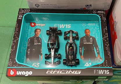 Bburago 2024 Mercedes-AMG F1 Racing Team W15 Set of 2 Cars 1:43 Formula 1 Die Cast Scale Miniature Model Cars, with Photo Frame Packaging