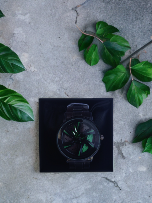 Men's Car Wheel Watch with Green Spinning Car Rim Hub Design|| Analog Stainless Steel || Quartz Movement|| Water Resistant, Scratch Resistant