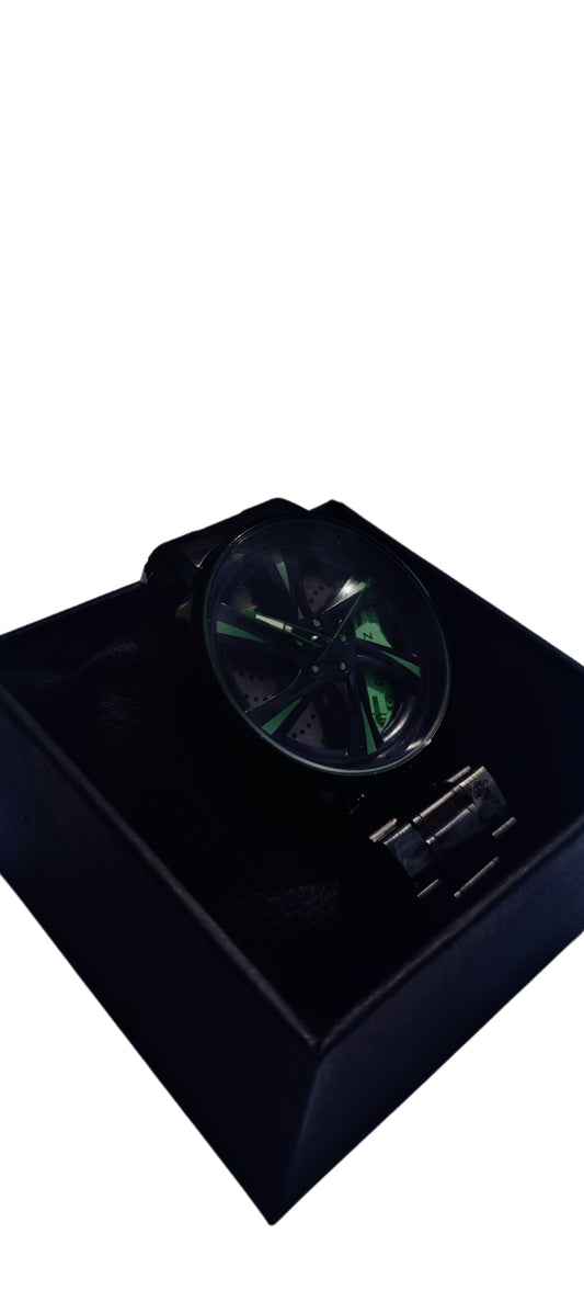 Men's Car Wheel Watch with Green Spinning Car Rim Hub Design|| Analog Stainless Steel || Quartz Movement|| Water Resistant, Scratch Resistant